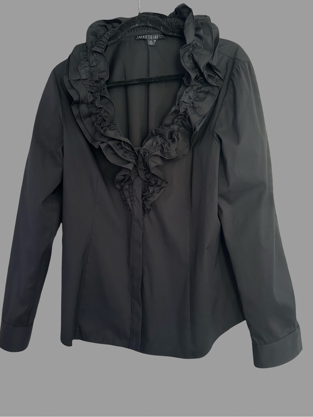 Lafayette 148 New York Feminine Black Ruffle-Trim Button Down Blouse Size 12